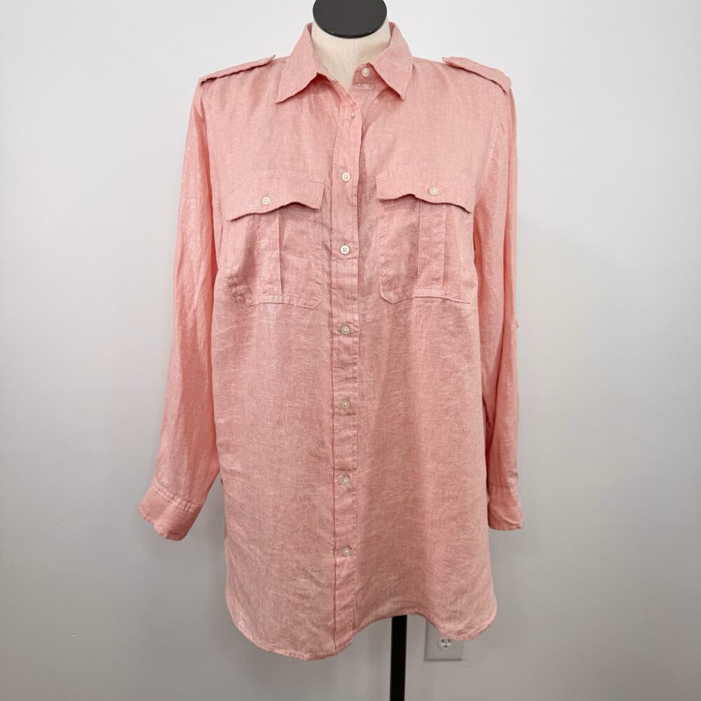 Lauren Ralph Lauren Linen Button Front Blouse Peach Metallic Preppy Top Size 1X